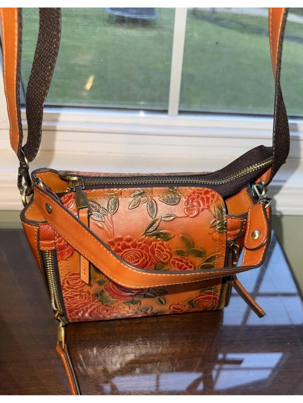 Leather Tooled Small Purse With Red Roses Adj Strap Western Unique Cowgirl boho